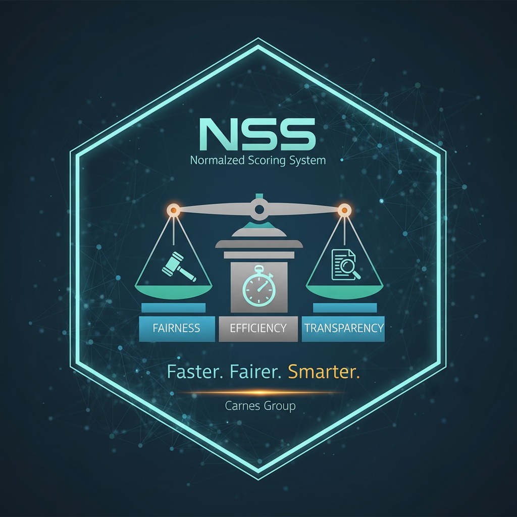 A digital graphic for the Normalized Scoring System by Carnes Group features a balance scale representing fairness, efficiency, and transparency.