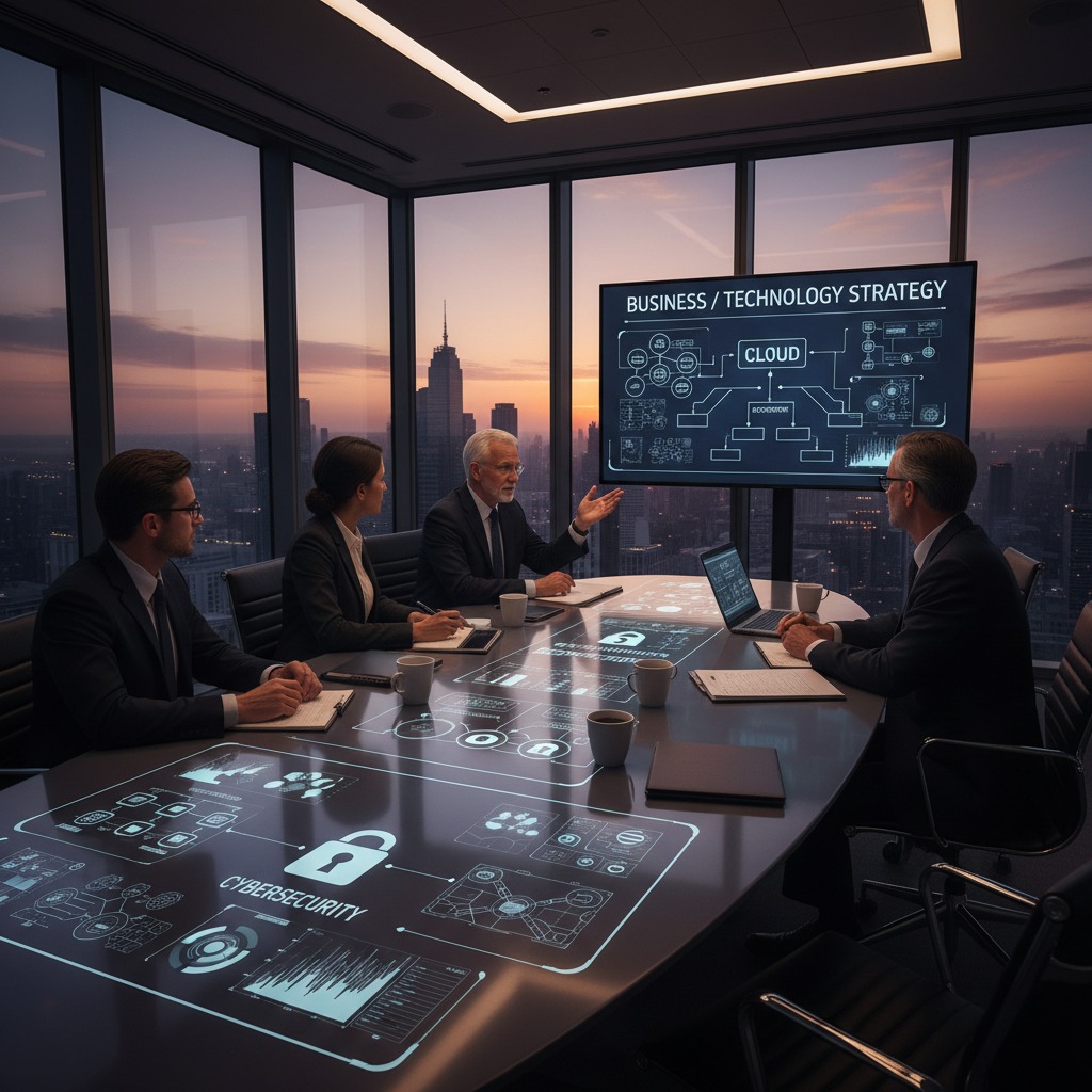 Business professionals sit around a conference table in a high-rise office at sunset, discussing a digital strategy presentation displayed on a large screen and an interactive table.