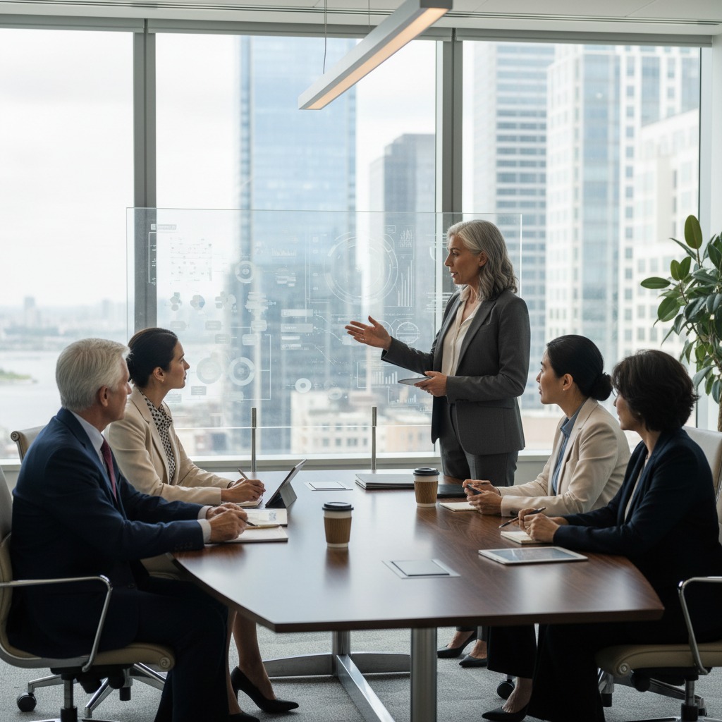 A professional woman in a suit leads a meeting with colleagues around a conference table in an office overlooking a city skyline.
