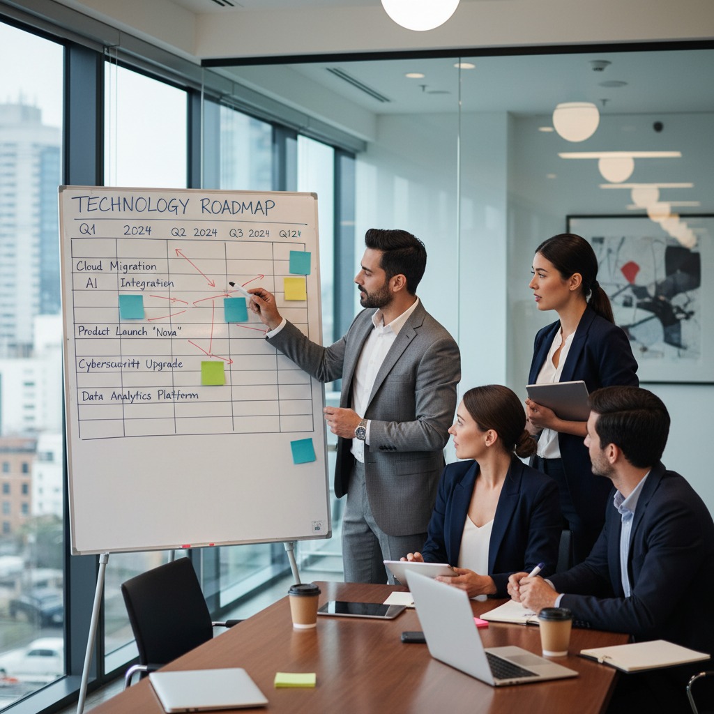A man in a suit points to a technology roadmap on a whiteboard while three colleagues observe during a meeting in a modern office.