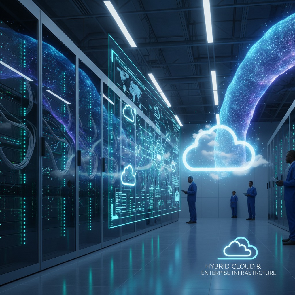 Professionals in suits examine a glowing digital interface displaying cloud network connections within a modern server room.
