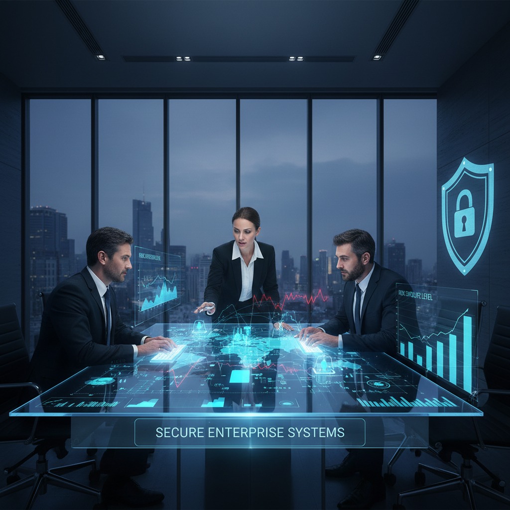 Three business professionals in suits collaborate around a glowing digital table displaying data visualizations and a security shield icon in a modern office overlooking a city skyline at night.