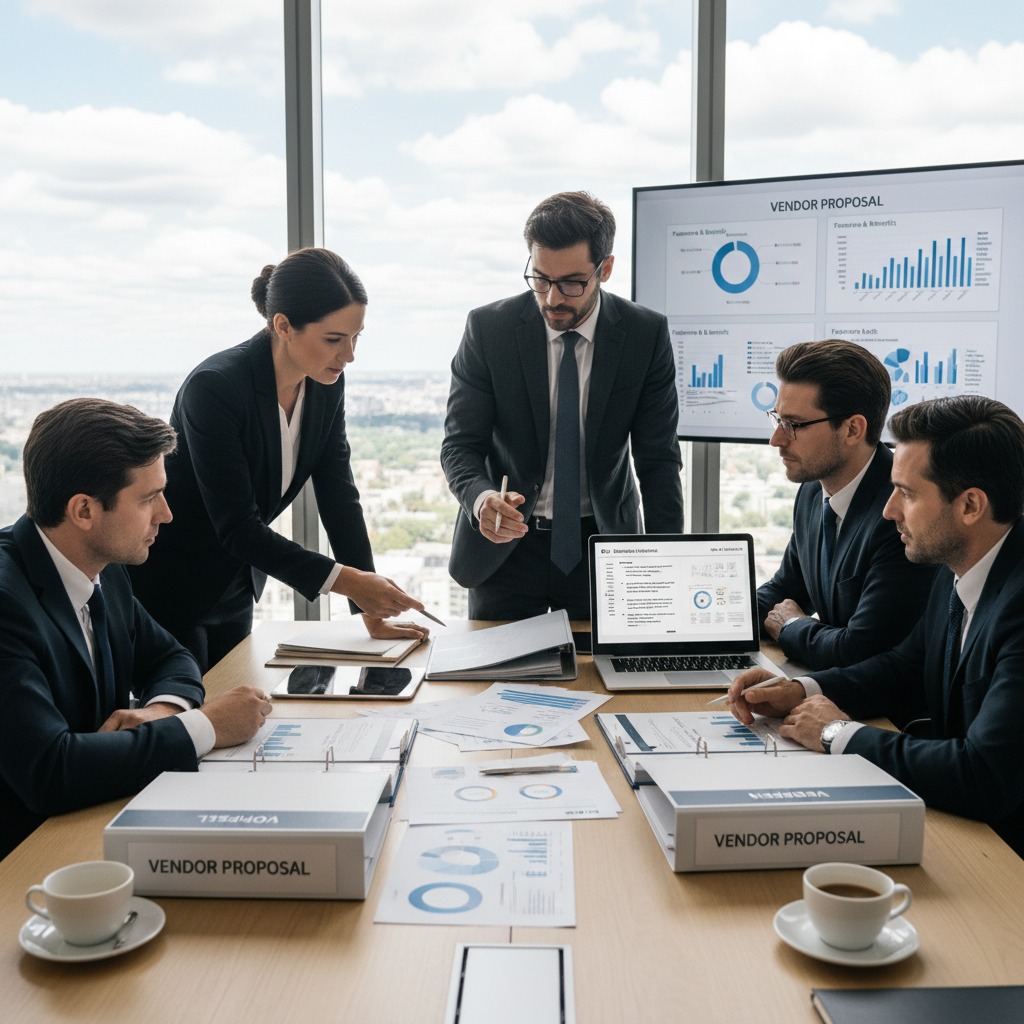 A team of professionals in business attire collaborates around a conference table with vendor proposal documents and digital charts displayed on a screen.