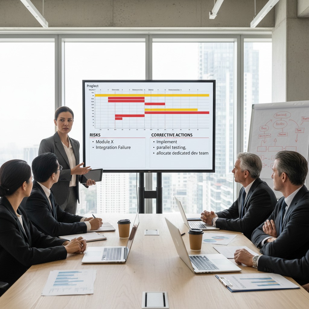 A businesswoman presents a project risk and corrective action plan to a team of colleagues in a modern office boardroom.