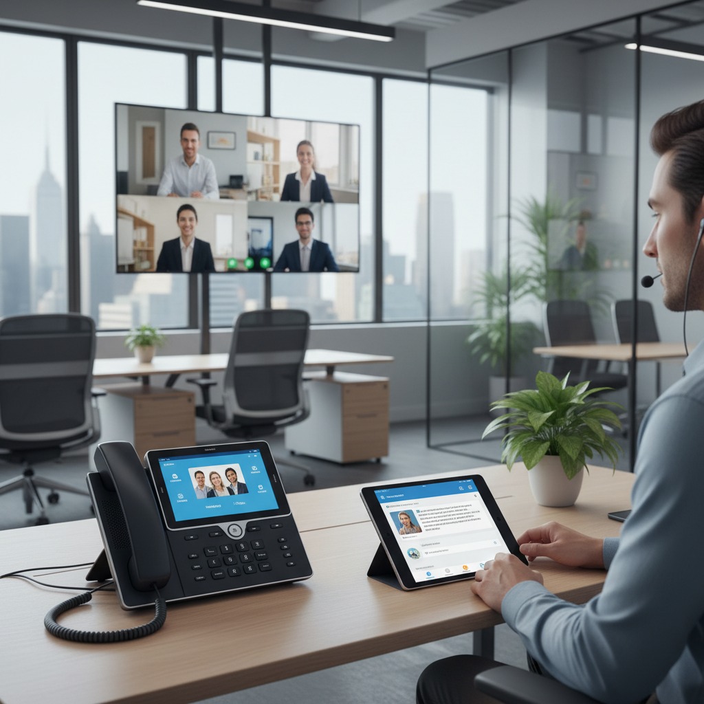 A man wearing a headset sits at a desk in a modern office, using a tablet and a video conferencing phone while participating in a virtual meeting displayed on a large wall-mounted screen.